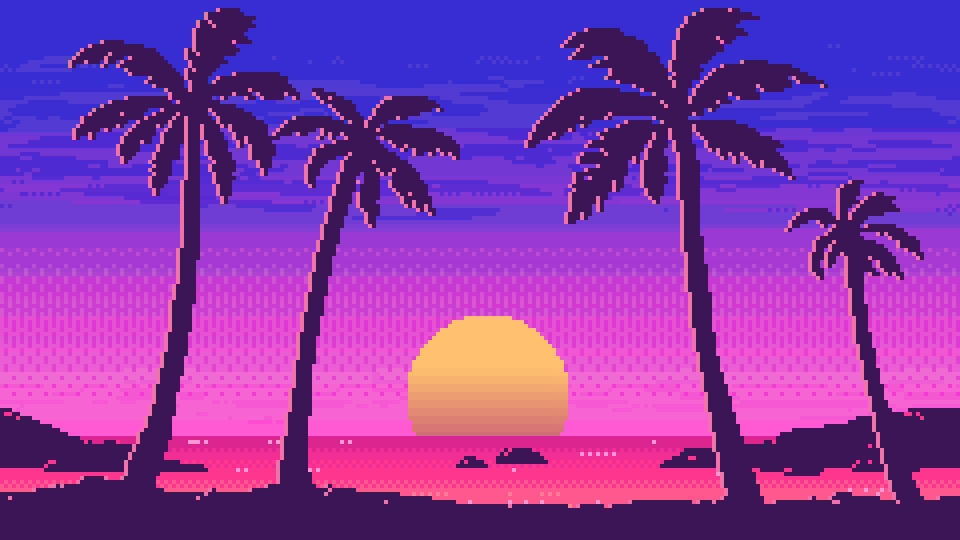 Pixel-art tropical sunset framed by coconut palms